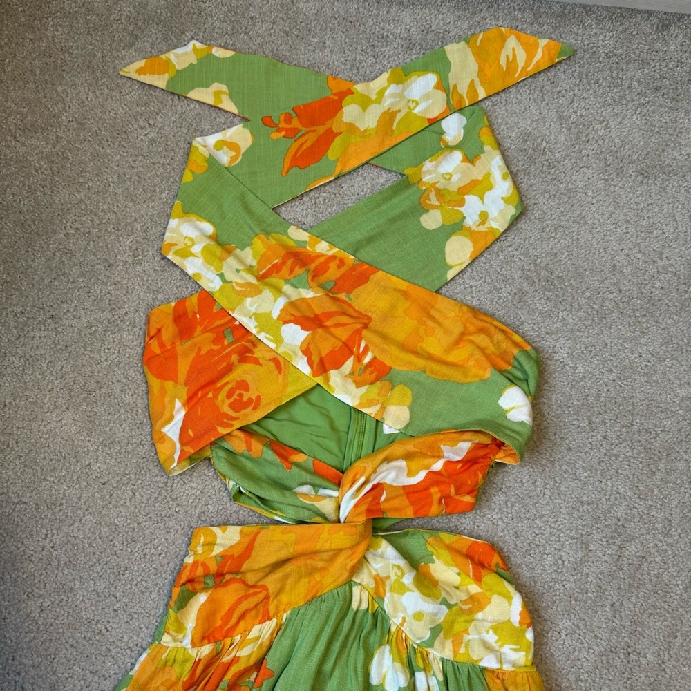 Sabo Skirt Amina Halter minidress in floral sunset, cutouts, worn once, Size 2 - Picture 7 of 11